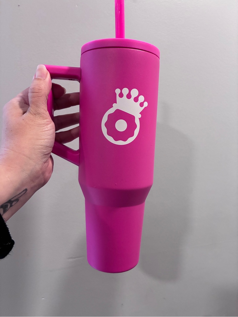 Dunkin Pink Insulated Travel Tumbler with Handle and Straw